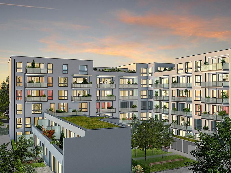 Immobilie VIVA WESTPARK - Illustration Innenhof Abend