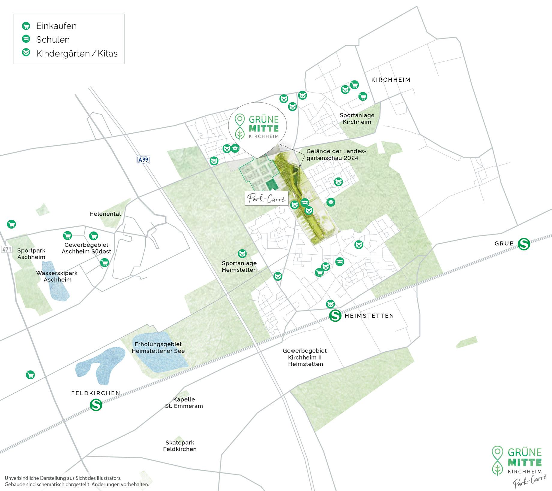 Eigentumswohnungen Kirchheim bei München: Grüne Mitte Kirchheim - Park-Carré - Stadtplanausschnitt