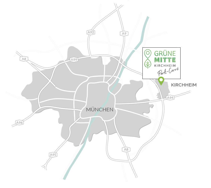 Eigentumswohnungen Kirchheim bei München: Grüne Mitte Kirchheim - Park-Carré - Karte mit Logo und Pin