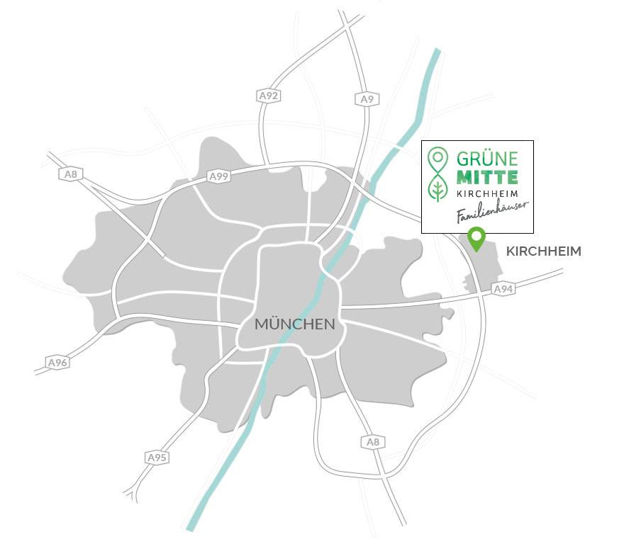Immobilie Grüne Mitte Kirchheim-Familienhäuser - Karte mit Logo und Pin Immobilie Grüne Mitte Kirchheim-Familienhäuser - Karte mit Logo und Pin
