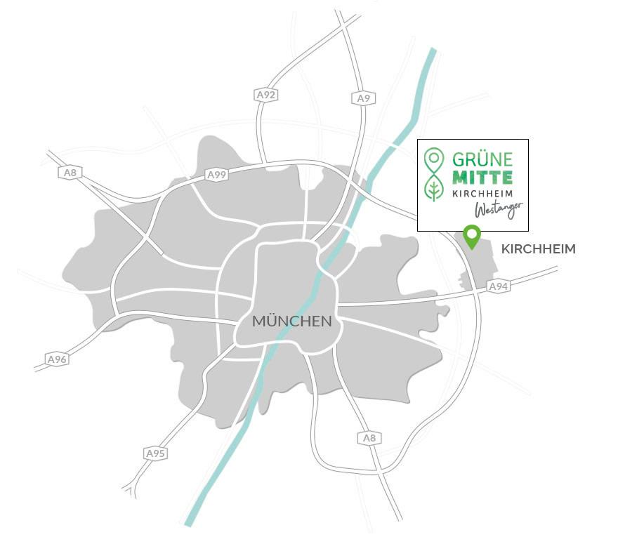 Immobilie Grüne Mitte Kirchheim - Westanger - Eigentumswohnungen - Karte mit Projektlogo und Pin