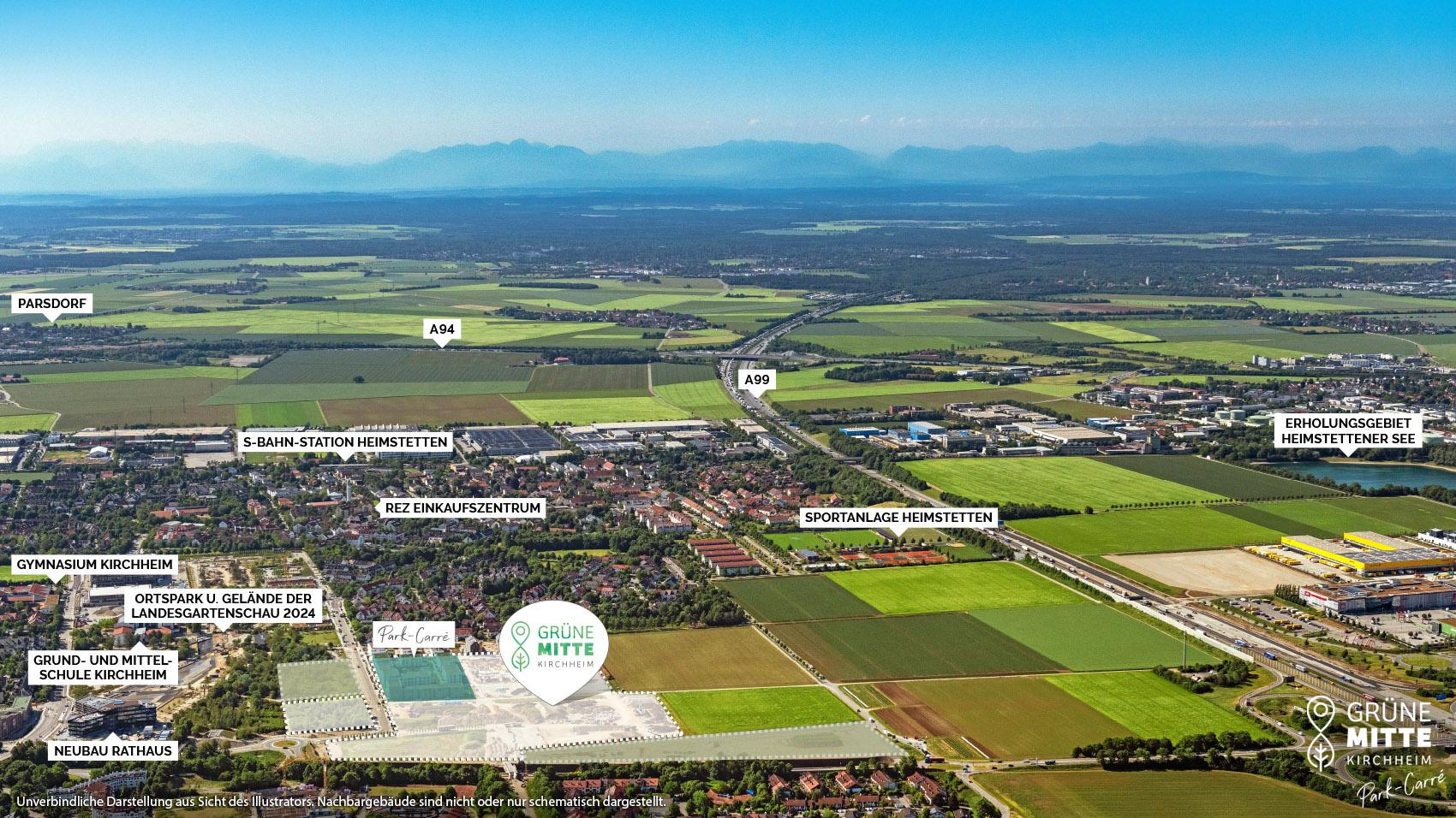 Eigentumswohnungen Kirchheim bei München: Grüne Mitte Kirchheim - Park-Carré - Luftbild