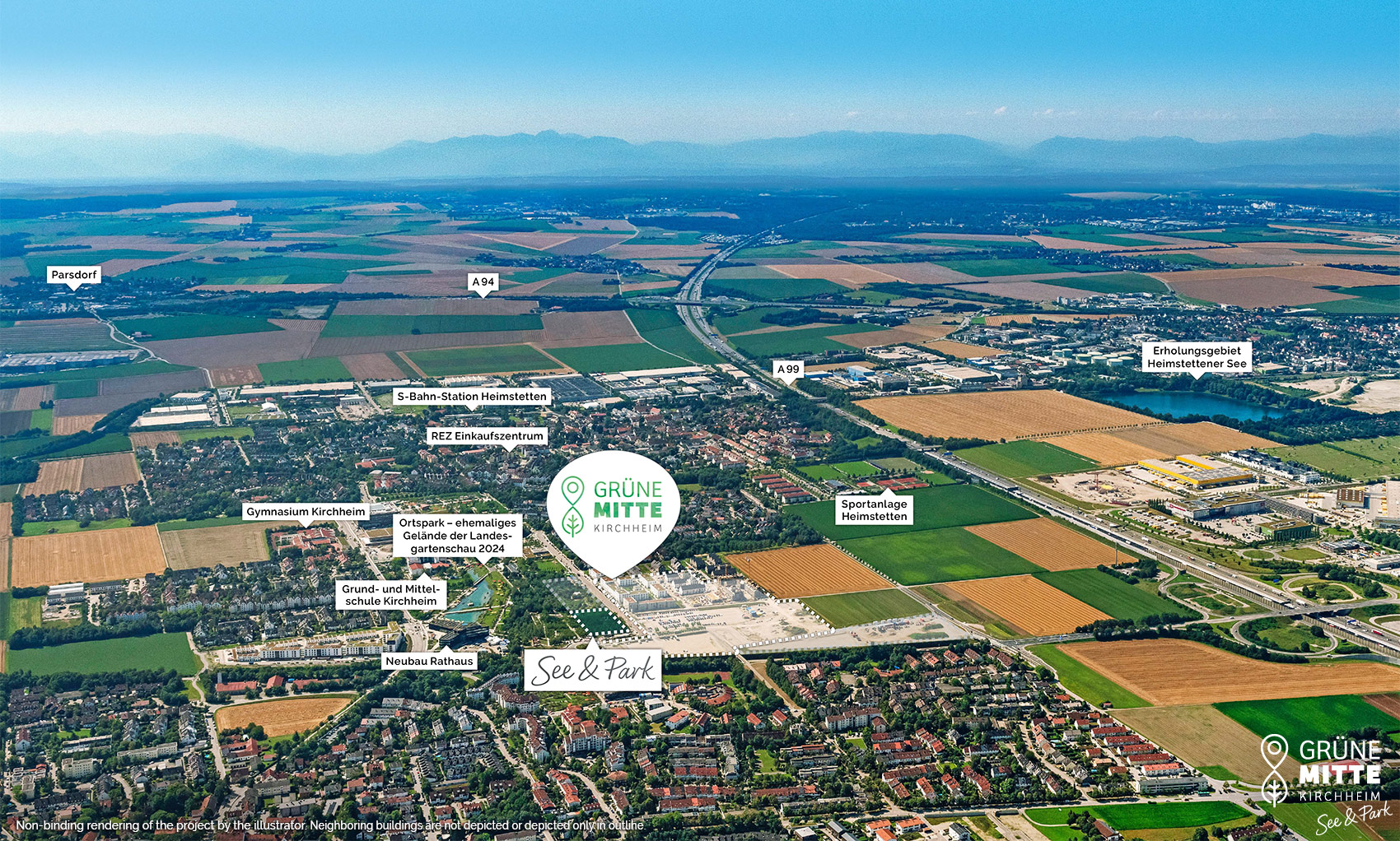 Property Kirchheim near Munich: Grüne Mitte Kirchheim - See und Park - Air view