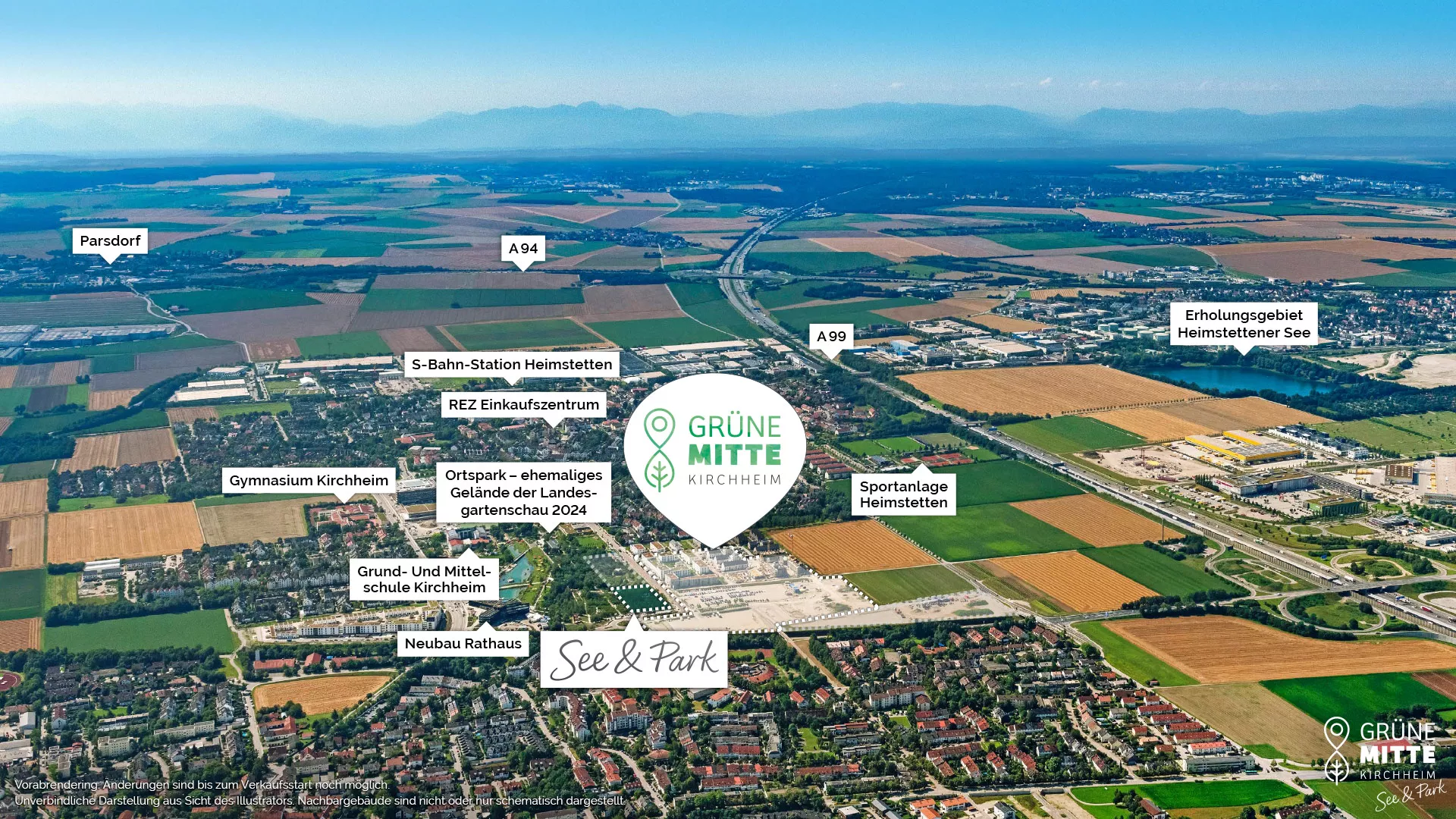 Immobilie Kirchheim: Grüne Mitte Kirchheim - See und Park - Luftbild - Vorankündigung