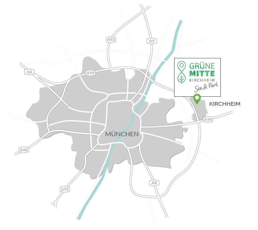 Property Kirchheim b. munich: Grüne Mitte Kirchheim - See and park - Karte with Projektlogo and Pin