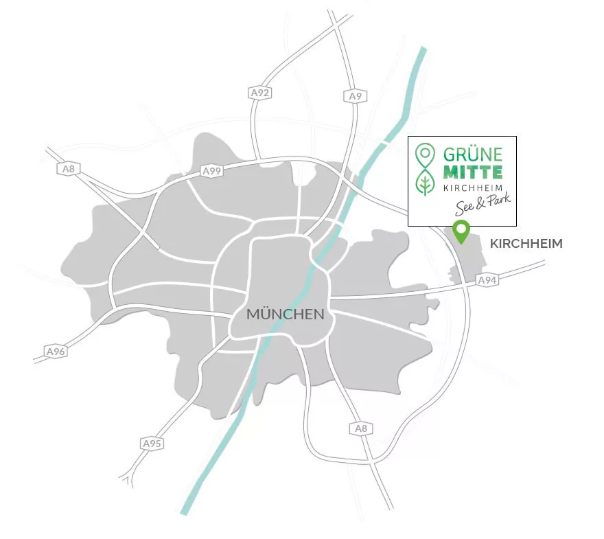 Immobilie Kirchheim b. München: Grüne Mitte Kirchheim - See und Park - Karte mit Projektlogo und Pin