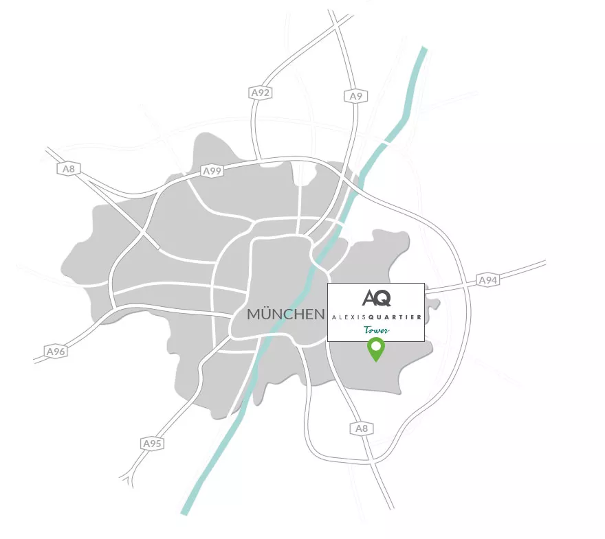 Immobilie München-Perlach: Alexisquartier - Tower - Karte mit Projektlogo und Pin