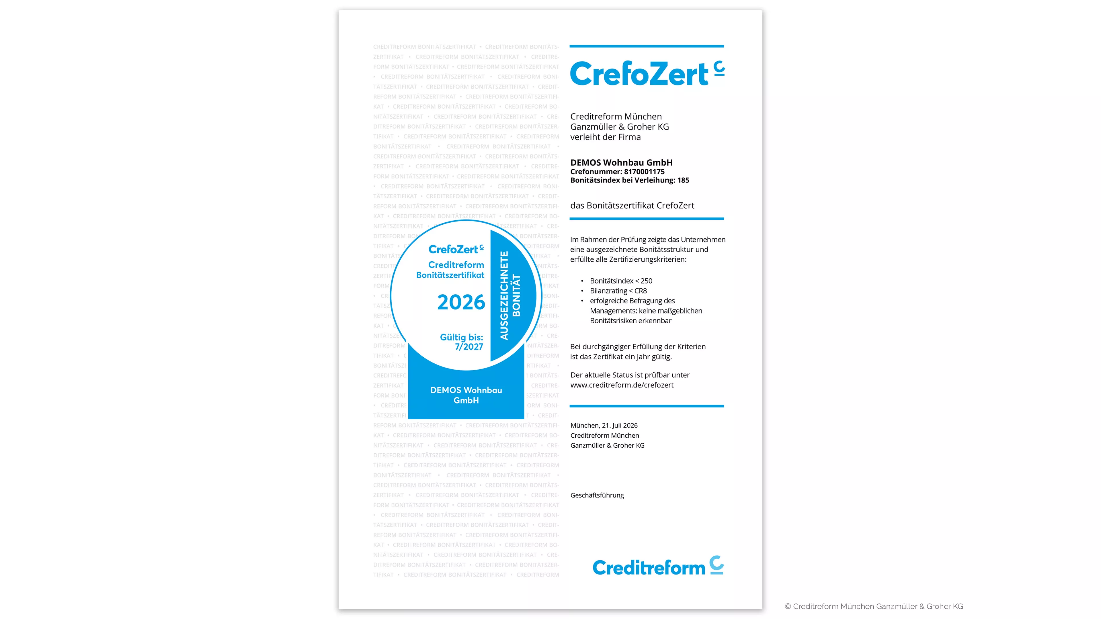 Erneute Creditreform-Auszeichnung für die DEMOS Wohnbau GmbH